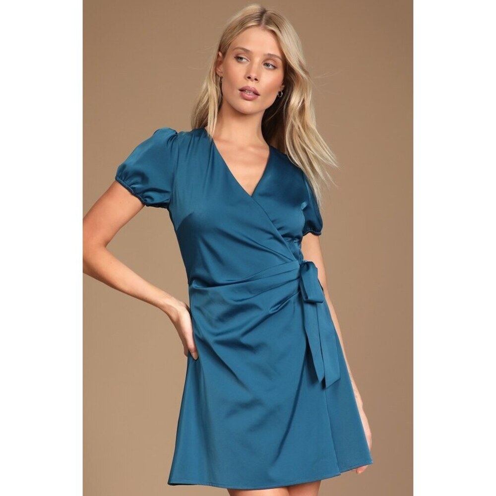 Lulus Latest Love Teal Satin Puff Sleeve Wrap Mini Dress-SMALL